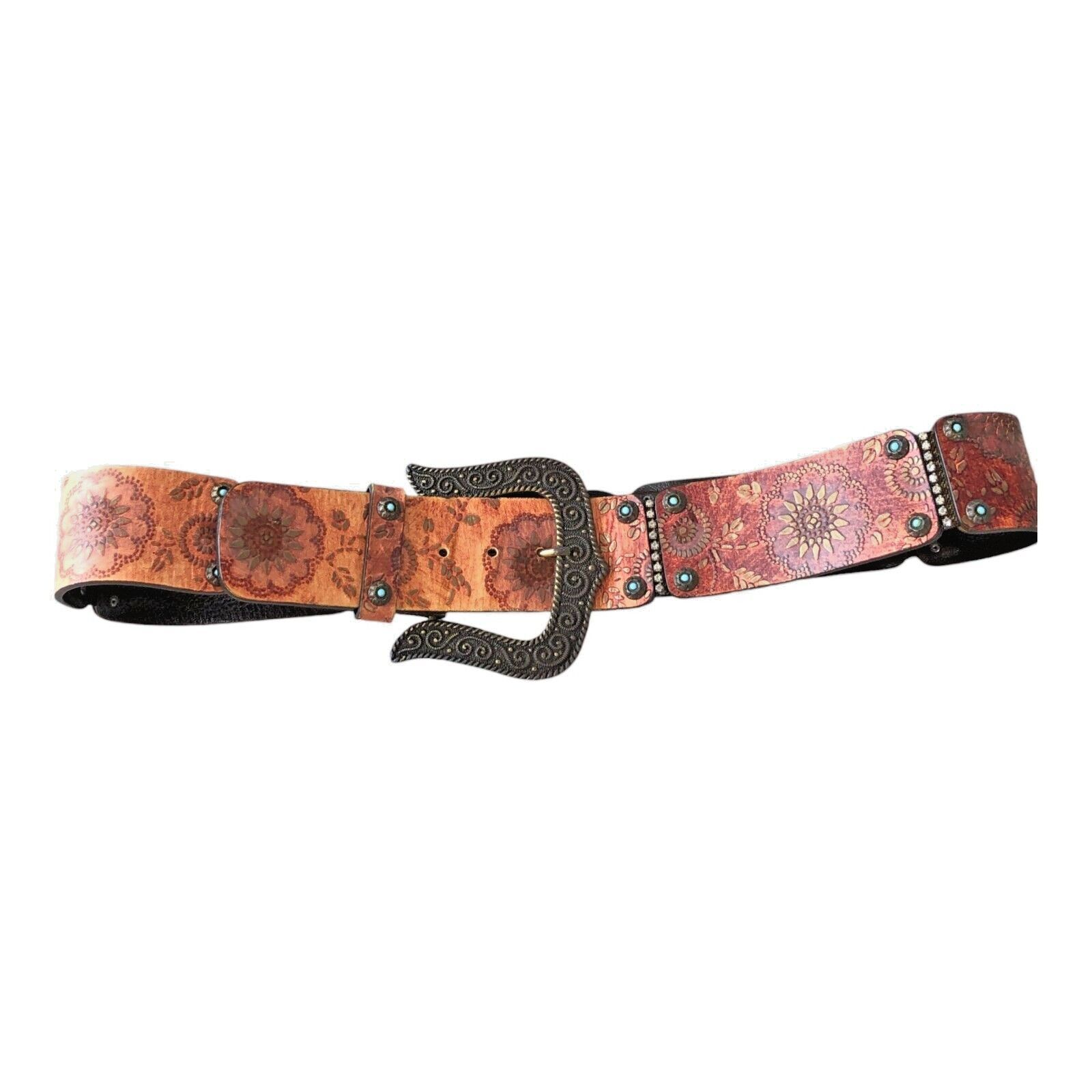 Nanni Made In Italy Leather Boho Cowboy Belt W/ Rhinestone And Turquoise Details